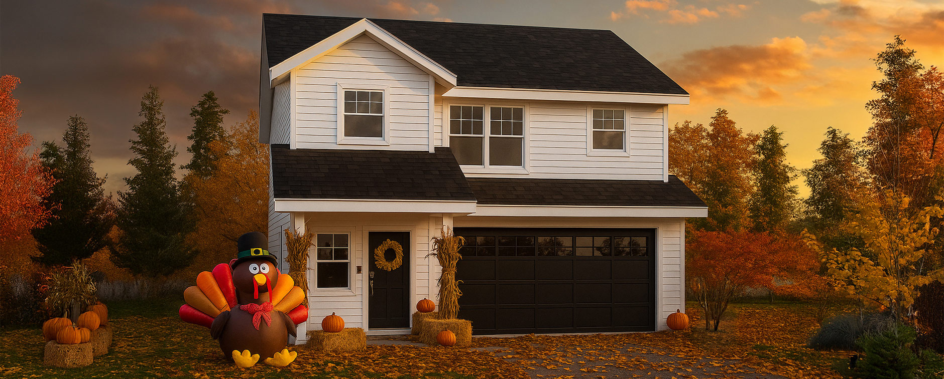 2 story farmhouse plan with Thanksgiving decorations - Exterior